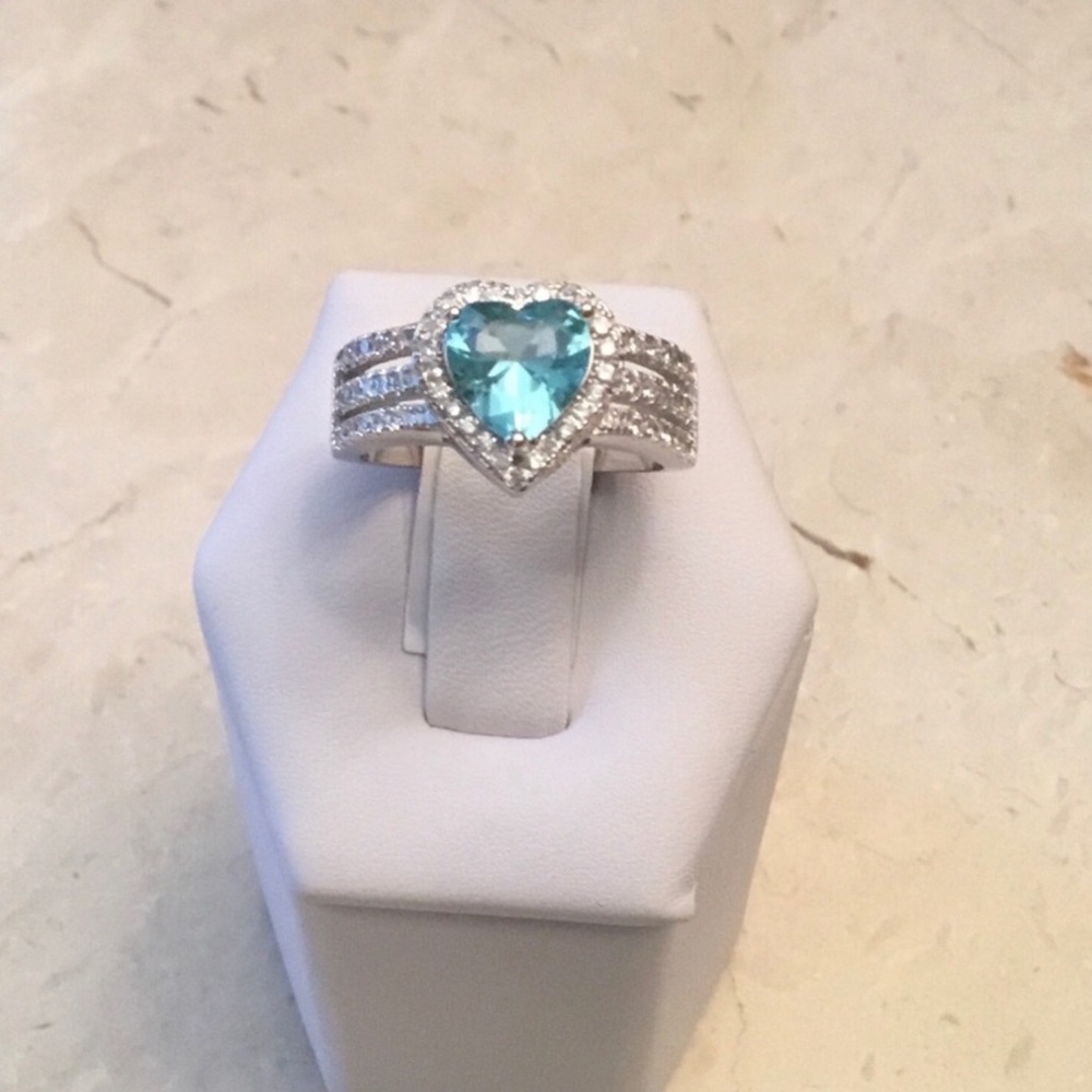 .925 Sterling Silver Aquamarine CZ Heart Ring - Picture 16 of 16